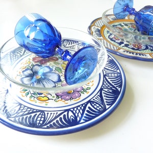 Vintage plate fruit bowl, blue colorful flowers, country house ceramic wall plate, boho finca decoration, placemat mismatched ceramic, good mood