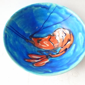 My sweet little crab vintage bol bowl turquoise cyan blue orange, decorative rice bowl handmade shrimp hand painted Japan style foot high