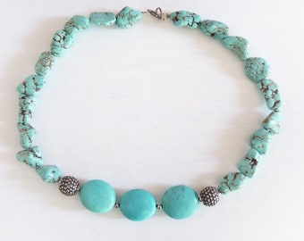 Large vintage turquoise necklace, 925 sterling silver, medium-short gemstone necklace, 51 cm, nuggets, statement necklace, ethnic jewelry