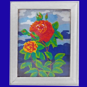 May include: A framed painting of a red and yellow rose with green leaves against a blue and white cloudy sky background.