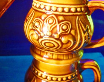 Vintage cocoa mugs with Mexican Inca motif, old punch bowl design, elaborate relief, 1970s ceramic, boho style, coffee/tea cup, caramel brown