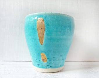 Vintage Lava Ceramic Mug, Hand-thrown, Bright Turquoise and Gold Glaze, Storage for Bathroom, Kitchen, Toothbrush Holder, Pen Organizer, Office, Tea