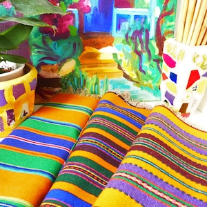 Vintage Boho table runner wool colorful stripes, orange blue purple green beige colors, BOHEMIAN ECLECTIC SOUTHWESTERN, Ibiza finca furnishings