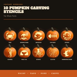May include: A digital collection titled 10 PUMPKIN CARVING STENCILS The Whole Patch featuring ten orange pumpkins with glowing marine life designs including a crab, shark, anglerfish, fish bones, octopus, seahorse, whale tail, and jellyfish.