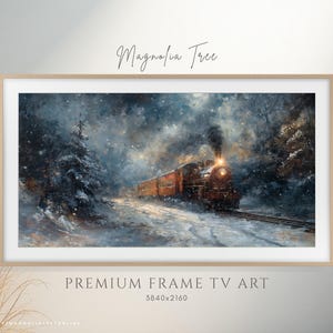 Op de afbeelding: Een ingelijste digitale kunstprint van een vintage trein die door een besneeuwd bos rijdt. De trein is rood en goudkleurig, met een zwarte rookpluim. Het kunstwerk is getiteld "Magnolia Tree" en "Premium Frame TV Art".