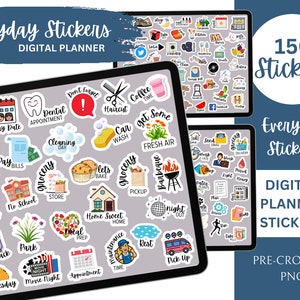 May include: A set of 150 digital planner stickers featuring colorful illustrations and text. The stickers are pre-cropped and in PNG format. The stickers include various activities, appointments, and daily tasks, such as "Pay Bills", "Grocery", "Movie Night", "Taco Tuesday", "Cleaning Day", "Haircut", "Coffee Time", "Car Wash", "Get Some Fresh Air", "Home Sweet Home", "Pick Up", "Night Out", "Rest", "Maintenance Time", "Appointment", "Meal Prep", "Snow Day", "Park", "No School", "Pick", "Don't Forget", "Dental Appointment", "Let's Bake", "Grocery", "Barbeque", "Send Email", "Work", "Delivery", "Plan", "Heavy", "Test", "Take Pills", "Prescription", and "Taco Tuesday".