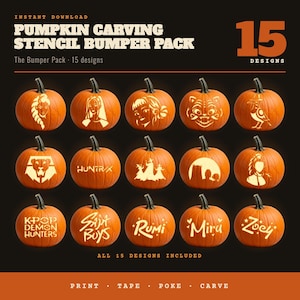 May include: A digital collection of 15 pumpkin carving stencils titled Pumpkin Carving Stencil Bumper Pack. The image displays 15 orange pumpkins, each featuring a unique cutout design, including character silhouettes, text, and graphic illustrations.