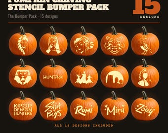 May include: A digital collection of 15 pumpkin carving stencils titled Pumpkin Carving Stencil Bumper Pack. The image displays 15 orange pumpkins, each featuring a unique cutout design, including character silhouettes, text, and graphic illustrations.
