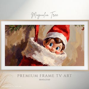 May include: A digital art print of a Christmas elf peeking out of a red and white stocking. The elf has rosy cheeks, blue eyes, and a red hat. The artwork is framed and labeled "Premium Frame TV Art."