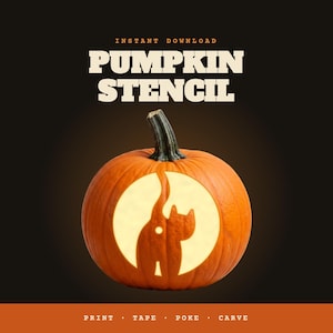 May include: An orange pumpkin with a carved silhouette of a cat sitting in front of a full moon. The text above reads INSTANT DOWNLOAD PUMPKIN STENCIL and the text below reads PRINT TAPE POKE CARVE in a dark brown background.