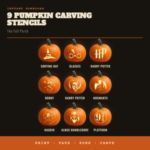 May include: A digital collection of 9 pumpkin carving stencils featuring Harry Potter themes. The designs include the Sorting Hat, glasses, Harry Potter logo, Dobby, Harry Potter portrait, Hogwarts, Hagrid, Albus Dumbledore, and Platform 9 3/4.