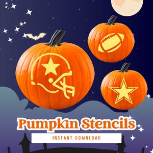 May include: Three orange pumpkins with carved designs: a football helmet, a football, and a star. The image has a dark blue background with stars, a moon, and the text "Pumpkin Stencils - Instant Download."