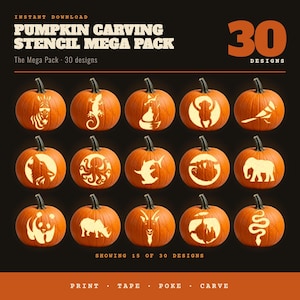 May include: A digital graphic titled Pumpkin Carving Stencil Mega Pack featuring 30 designs. The image displays 15 orange pumpkins, each carved with a different animal silhouette, including a zebra, lizard, fox, monkey, bird, wolf, octopus, shark, sloth, elephant, panda, rhino, goat, bat, and snake.