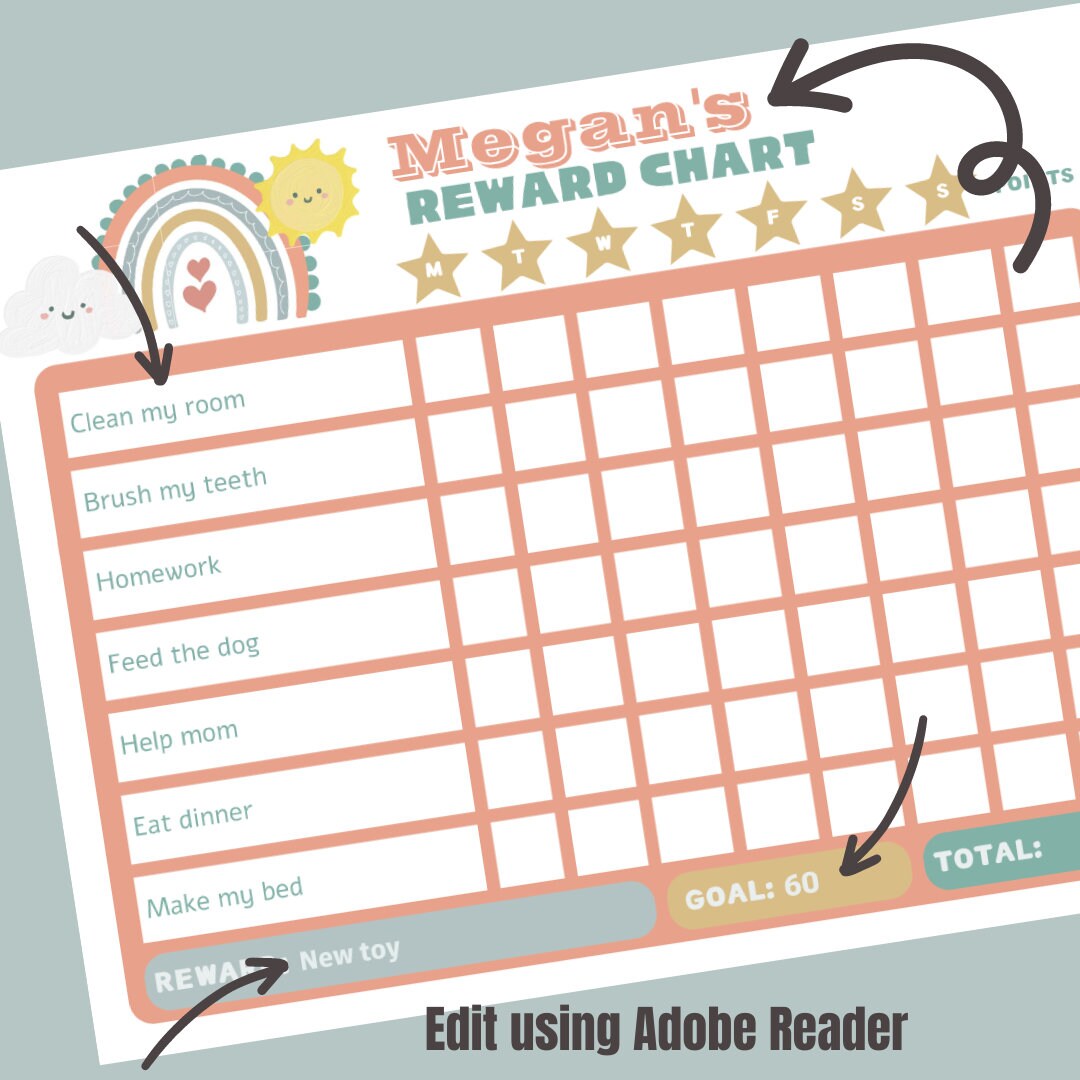 Editable Rainbow Reward Chart Pink Rainbow Daily Chore - Etsy