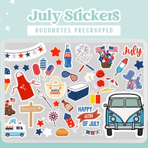 July Digital Planner Stickers | 4th of July, BBQ & Summer GoodNotes Stickers | Patriotic Pre-Cropped PNGs for Digital Planners