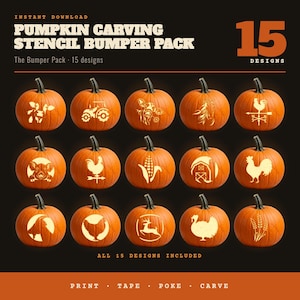 May include: A digital collection titled Pumpkin Carving Stencil Bumper Pack featuring 15 designs. The image displays 15 orange pumpkins, each illuminated with a unique white stencil pattern including farm animals, a tractor, a barn, and crops.