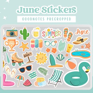 Könnte beinhalten: Ein Set mit 30 bunten digitalen Stickern für Goodnotes zum Thema Sommer. Die Sticker beinhalten eine Vielzahl von Bildern, wie z. B. einen Kaktus, eine Kamera, ein Eis am Stiel, eine Sonne, einen Strandstuhl, einen Flamingo und einen Pool. Die Sticker sind vorgefertigt und können direkt in Goodnotes verwendet werden.