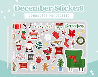 May include: A collection of December-themed digital stickers, including gift boxes, reindeer antlers, Christmas lights, and a Santa Claus illustration. The stickers are pre-cropped for GoodNotes and feature a variety of festive elements like ornaments, stockings, and a Christmas tree.