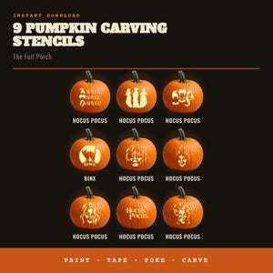 May include: A digital collection of 9 pumpkin carving stencils featuring Hocus Pocus designs. The image displays nine orange pumpkins, each with a unique glowing cutout pattern, including silhouettes, character faces, and the text Hocus Pocus or Binx.