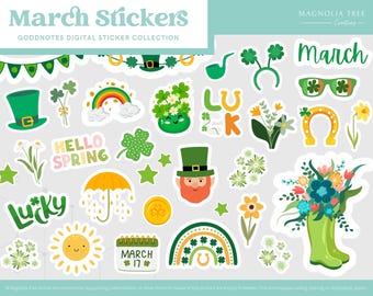 GoodNotes-stickers voor maart: St. Patrick's Day en lente (digitale download)