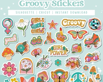 May include: A collection of colorful, retro-style stickers with a groovy theme. Designs include flowers, butterflies, mushrooms, roller skates, peace signs, and the words "Groovy" and "Girl Power". The stickers are in various shapes and sizes, with a light blue background.