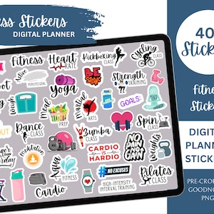 May include: A digital planner sticker set with 40+ colourful stickers featuring fitness-related themes, including yoga, cardio, boxing, and weights. The stickers are pre-cropped for Goodnotes and are PNG files.