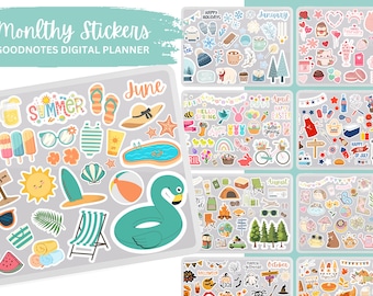 Monthly Digital Planner Stickers | Holiday, Seasonal and Monthly Stickers for GoodNotes and Notability | Pre-Cropped PNG Bundle