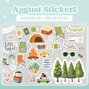 Può includere: Una collezione di adesivi digitali a tema viaggio, tra cui una tenda, bagagli, un aereo e occhiali da sole. Gli adesivi sono etichettati come "August Stickers" e "Goodnotes Precropped."
