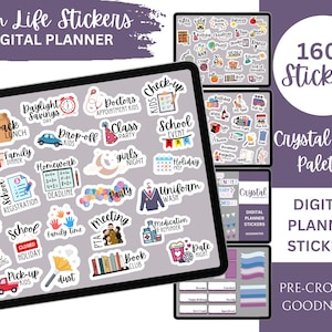 May include: A digital planner sticker set with over 160 stickers for moms. The stickers are colorful and feature various designs related to motherhood, such as school, family, and work. The stickers are pre-cropped for Goodnotes.