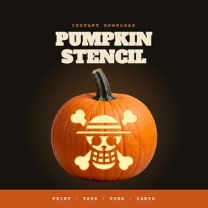 May include: An orange pumpkin featuring a carved skull and crossbones design with a straw hat. The text reads INSTANT DOWNLOAD, PUMPKIN STENCIL, and PRINT, TAPE, POKE, CARVE. The design is illuminated from within against a dark background.
