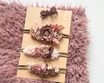 1 Blüten Haarband Ab Newborn * Babyfotografie * Taufe * Baby Party * 3 zur Auswahl *Vintage Rosa *Geburtsgeschenk * Erstes Foto