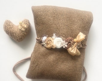 Newborn Props * Boho Neugeborenen 3er Set * 1 Haarband zum Binden & Wrap*  Herz * Rehbraun * Babyfotografie