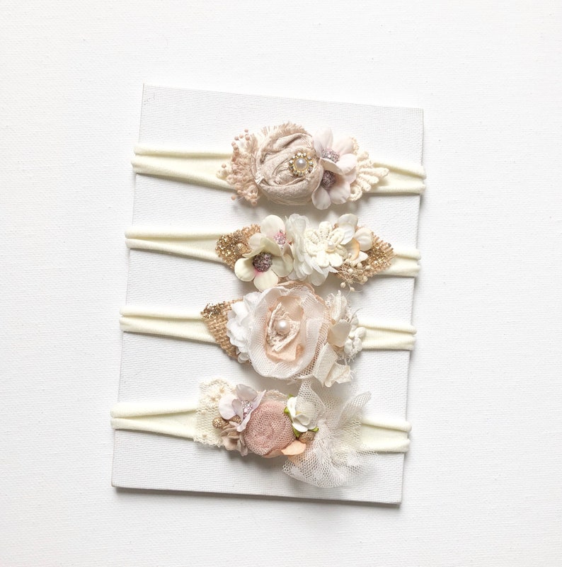 Neugeborenen Fotografie Beige /& Ivory 4 zur Auswahl 1 Baby Haarband Ab Newborn zum Mitwachsen Taufe Babyfotografie