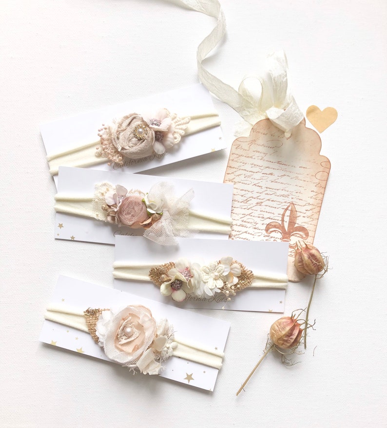 Neugeborenen Fotografie Beige /& Ivory 4 zur Auswahl 1 Baby Haarband Ab Newborn zum Mitwachsen Taufe Babyfotografie