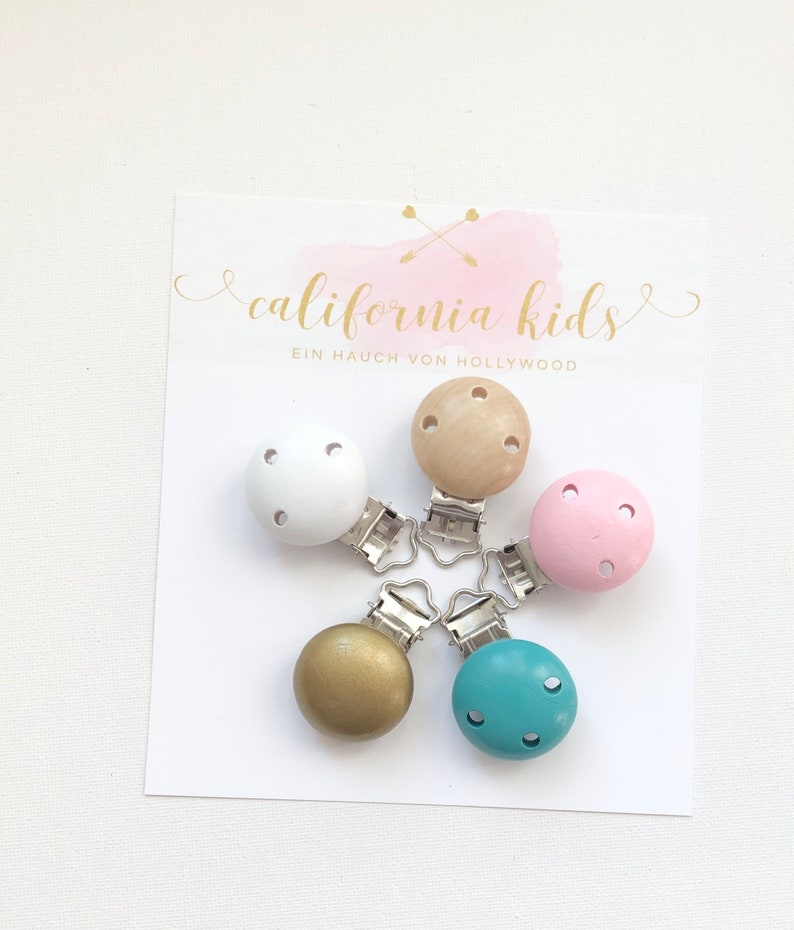 Schnullerketten Clip Blau Holz Natur Gold Rosa 5 Farben zur Auswahl Schnullerband DIY Wei\u00df