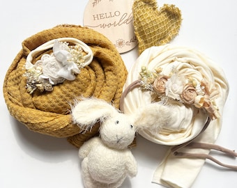 Newborn Props * Boho Neugeborenen 7er Set * Filz Herzen * Haarband zum Binden & Wraps * Baby Mädchen * Baby Junge * Babyfotografie