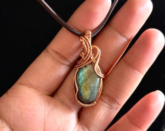 Oval Labradorite Pendant, Wire Wrapped Copper Necklace, Handmade Crystal Jewelry