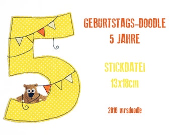 Geburtstags-Doodle 5 Jahre 13x18cm Stickdatei