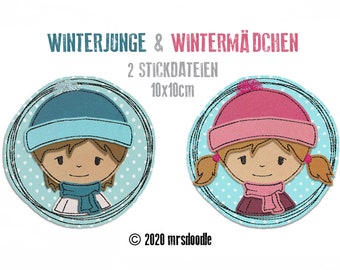 Stickdatei Winterkinder Doodle-Buttons 10x10cm