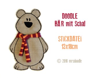 Bär mit Schal 13x18cm Doodle-Stickdatei