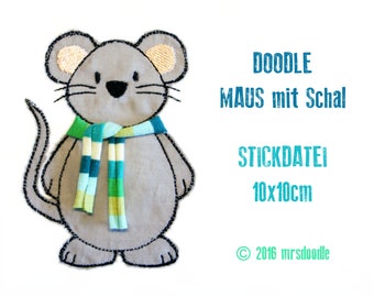 Maus mit Schal 10x10cm Doodle-Stickdatei