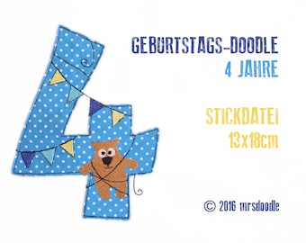 Geburtstags-Doodle 4 Jahre 13x18cm Stickdatei