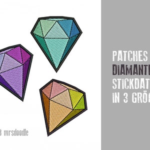 Könnte beinhalten: Drei bunte Diamanten-Stickdateien in verschiedenen Größen. Der Text "PATCHES DIAMANTEN STICKDATEI IN 3 GRÖßEN" befindet sich auf der rechten Seite des Bildes.