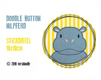 Stickdatei Nilpferd Doodle-Button 10x10cm