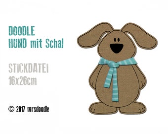 Stickdatei Hund mit Schal Doodle-Button 16x26cm