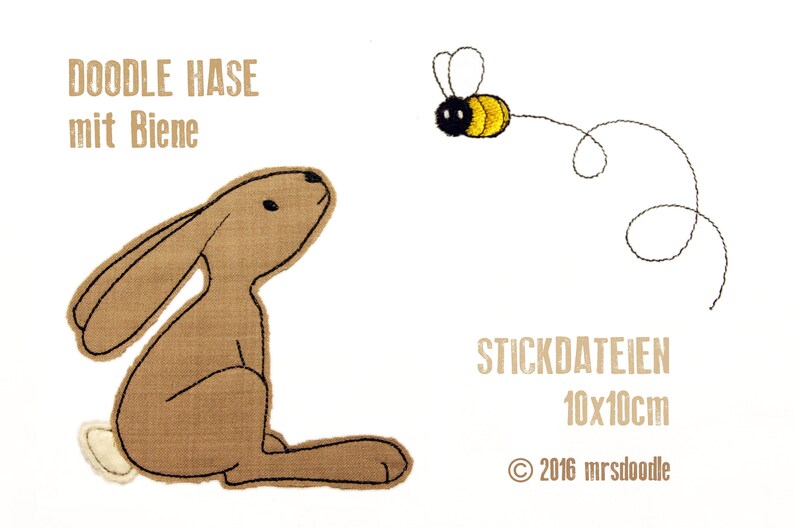 Embroidery file bunny with bee doodle 10 x 10 cm image 1