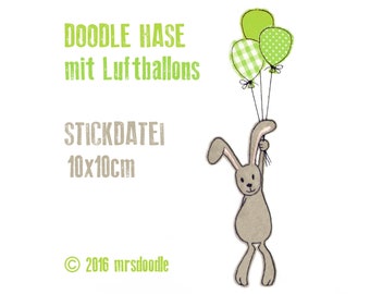 Bordado archivo conejito con globos Doodle 10 x 10 cm