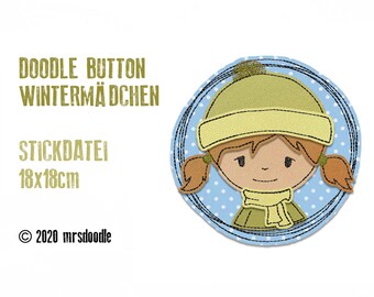 Stickdatei Wintermädchen Doodle-Button 18x18cm