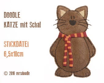 Katze mit Schal 6,5x10cm 3D-Doodle Stickdatei