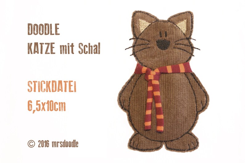 Katze mit Schal 6,5x10cm 3D-Doodle Stickdatei Bild 1